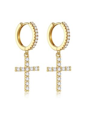 Gold Cubic Zirconia Cross 14k Huggie Earrings